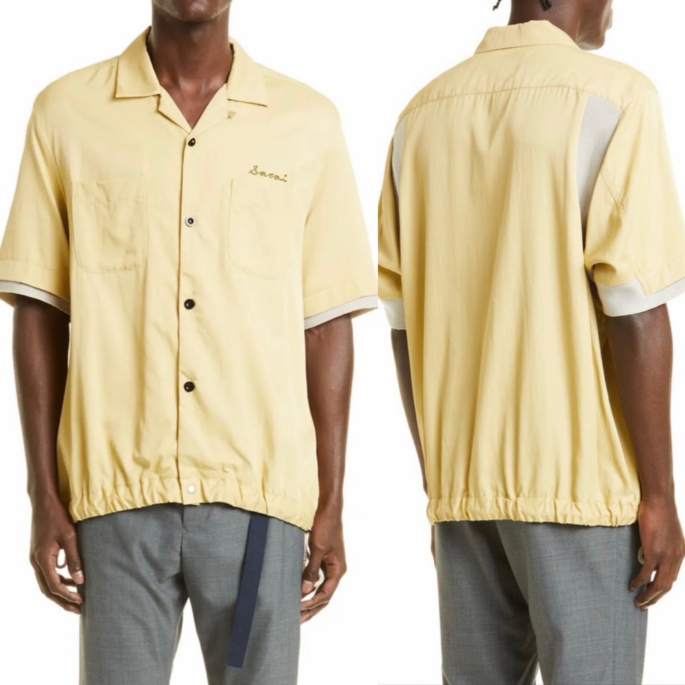 Sacai Men’s Embroidered Logo Bowling Shirt Sz 2 / M Yellow Japanese Streetwear